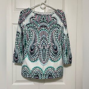 Talbots Graphic Blue and Black 3/4 Sleeve Blouse